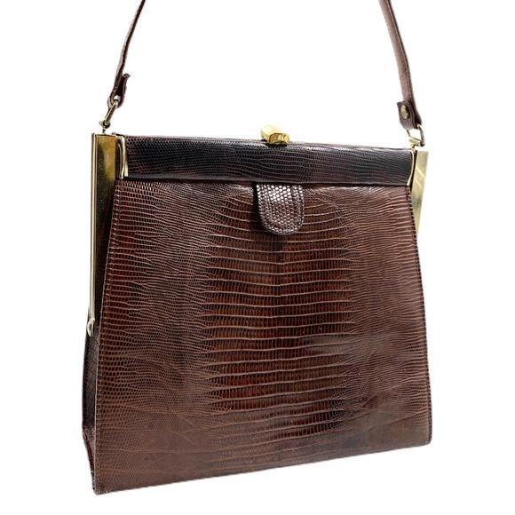 Vintage Brown Exotic Lizard Skin Kiss Lock Handbag - Picture 2 of 10
